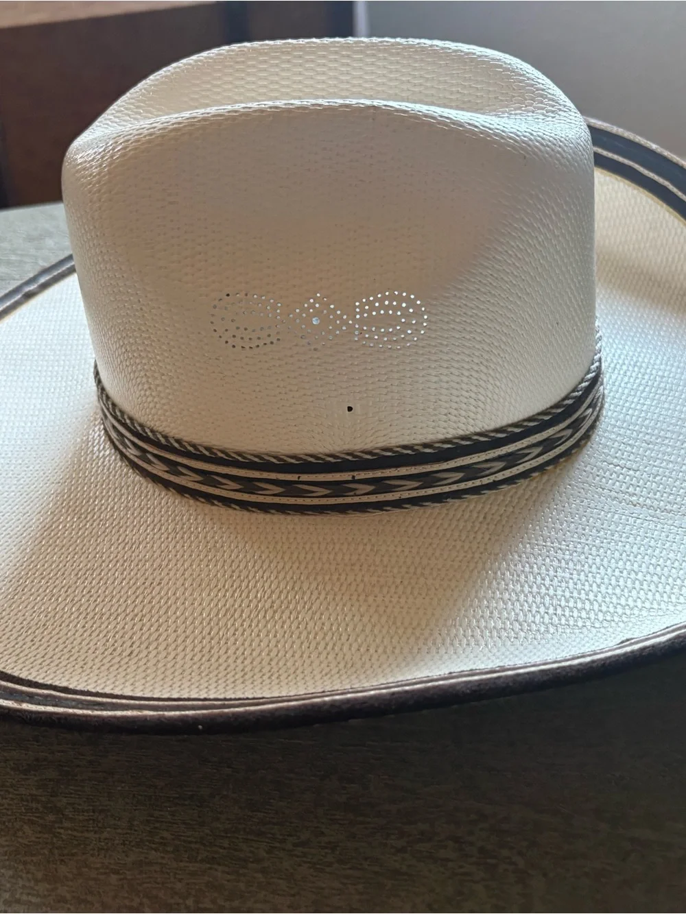 Kids White Straw Cowboy Hat with Brown Trim